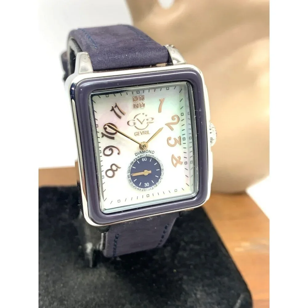 GV2 by Gevril Women's Watch 9260 Swiss Quartz Mother of Pearl Dial Blue Leather